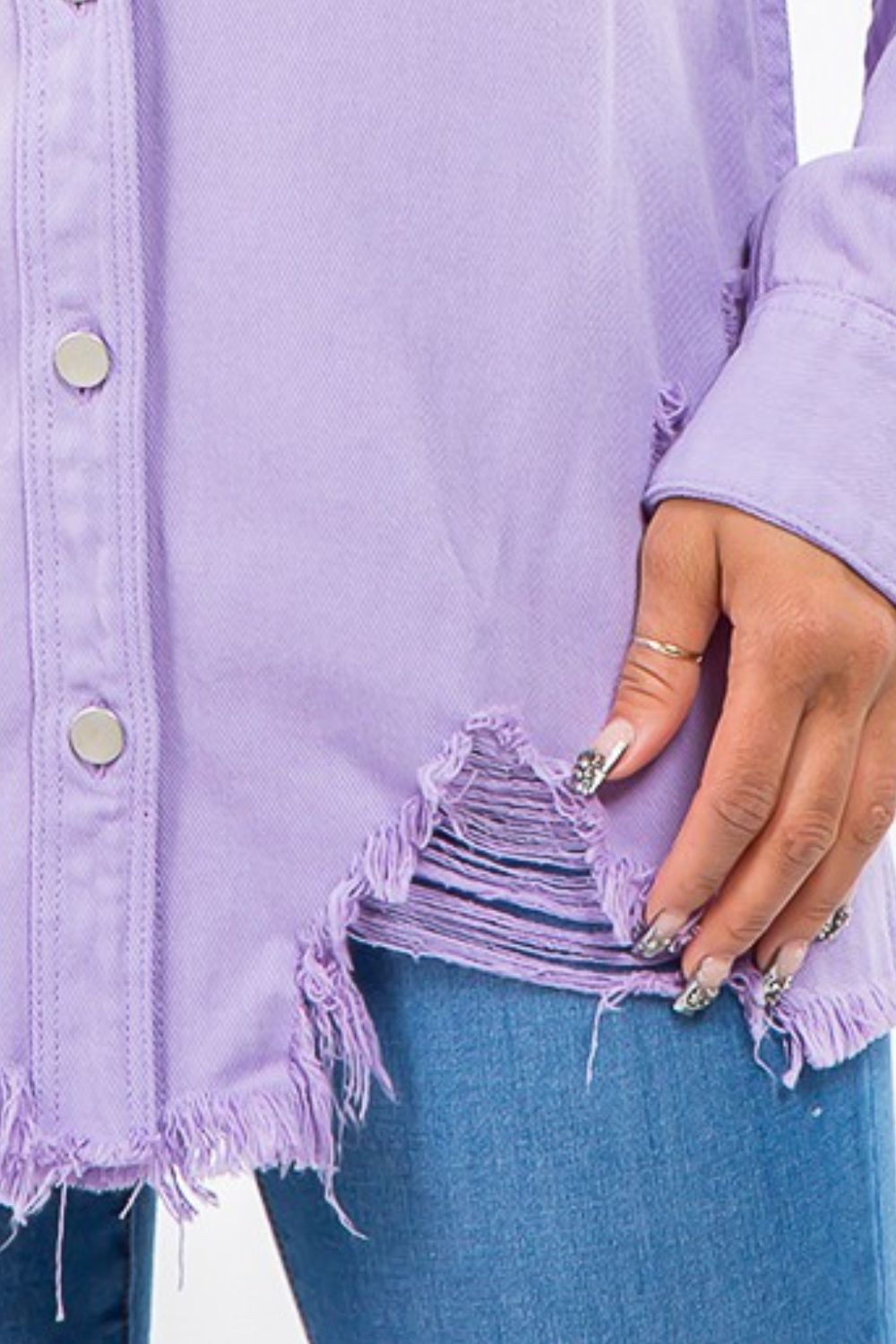 Lavender Bazi Frayed Hem Distressed Denim Jacket