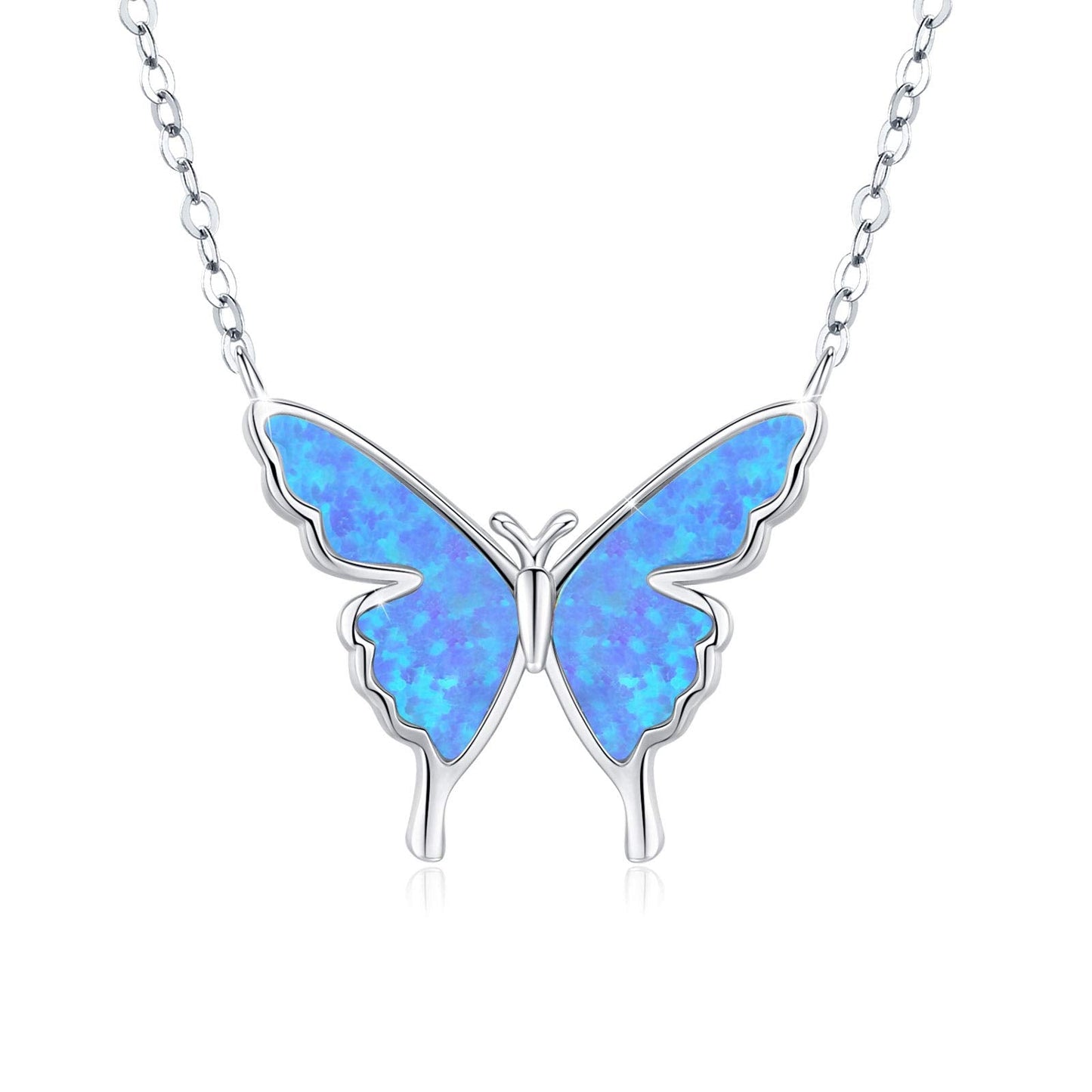 925 Sterling Silver Blue Opal Butterfly Necklace.
