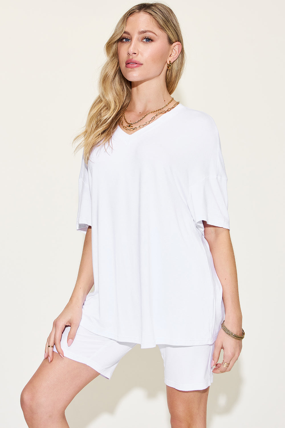 Soft Touch V-Neck Drop Shoulder T-Shirt and Shorts Set