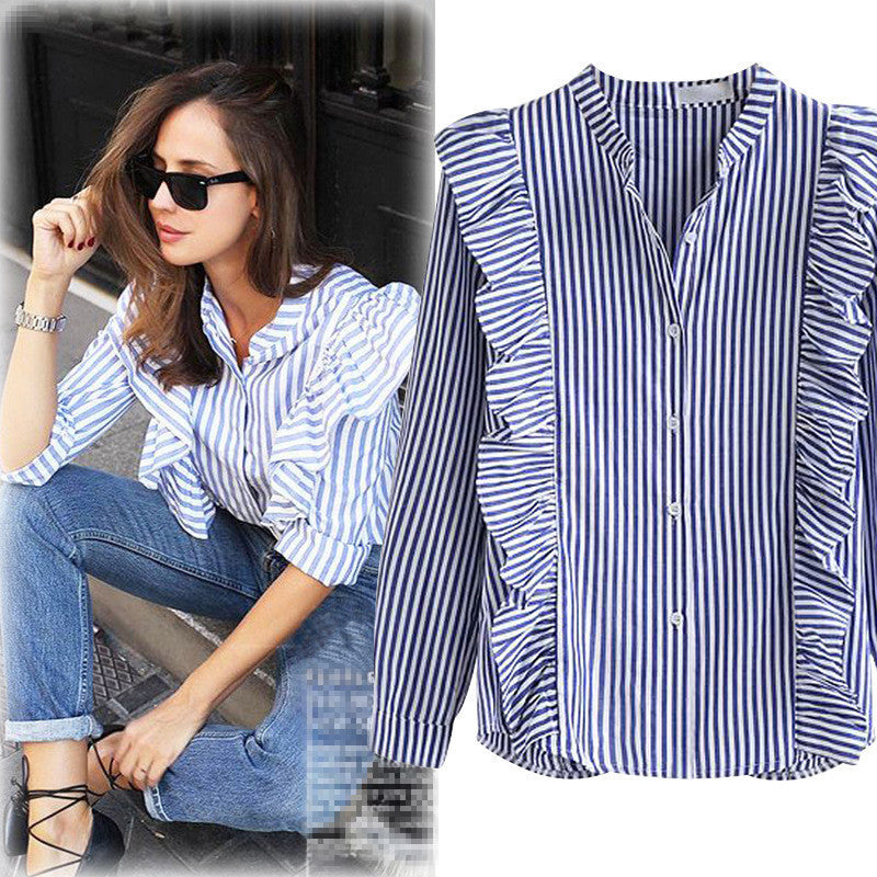 Serene Blue Striped Cotton Cardigan Long Sleeve Shirt