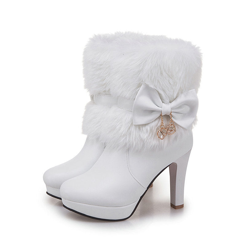 Pink Fur Beauty Mid Heel Winter Snow Boots