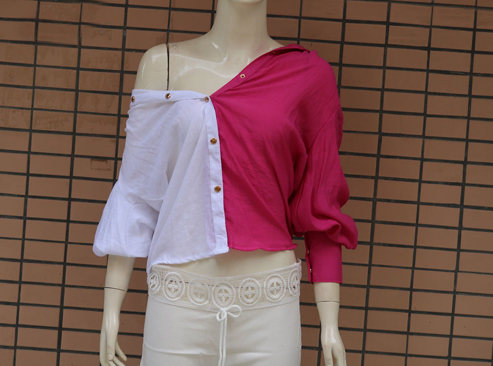 Bold Contrast Polyester Puff Sleeves Loose Shirt