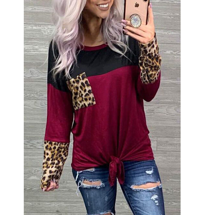 Extra Nice Leopard Patch Pocket Long Sleeve Top