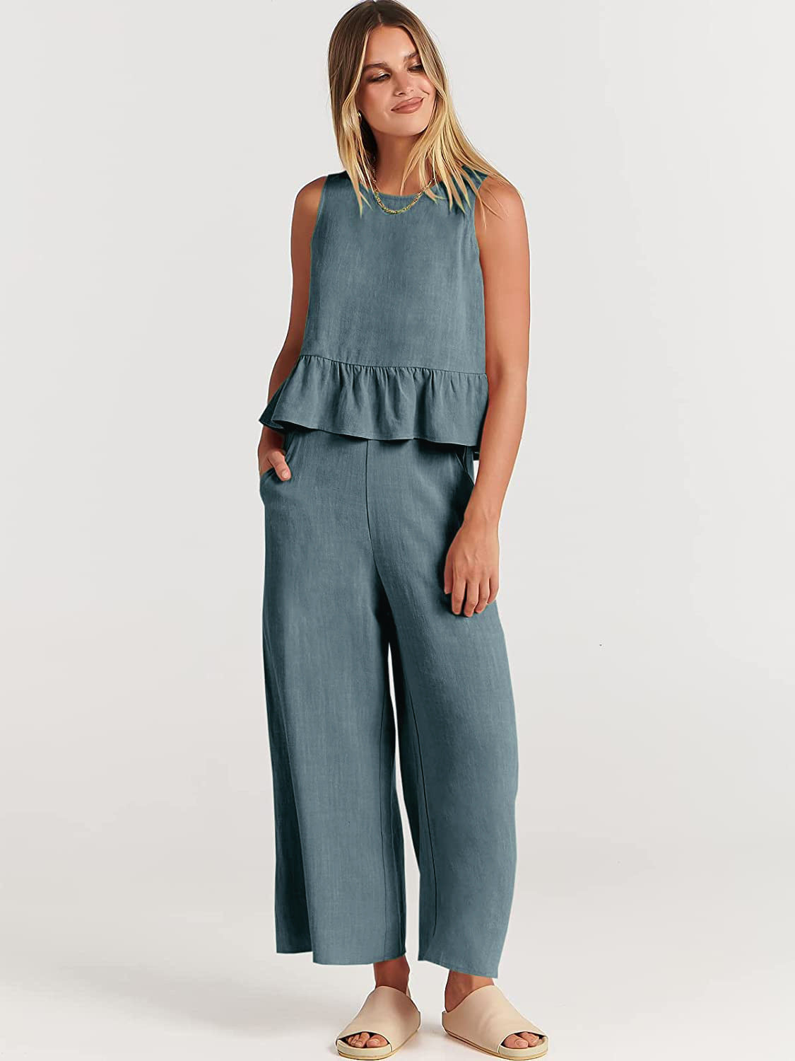 Summer Sleeveless Top Wide-leg Cropped Pants Two Piece Sets
