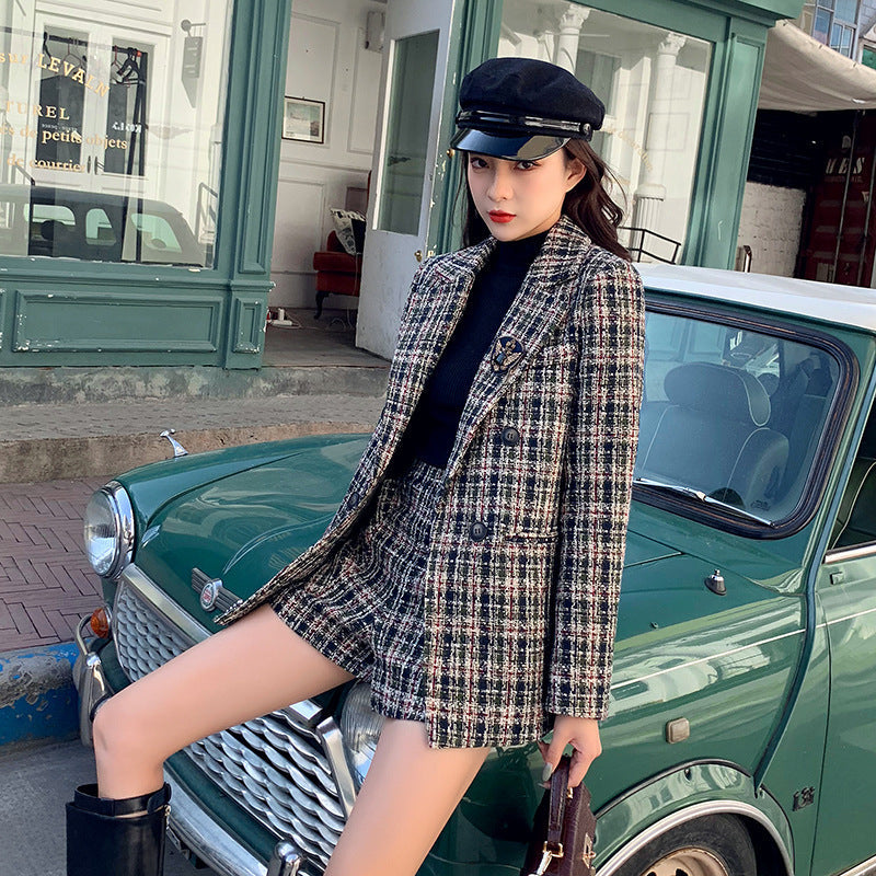 Vintage Woolen Plaid Jacket Shorts Two Piece Suit