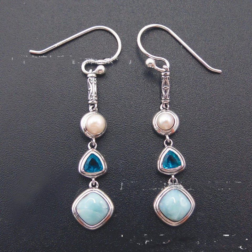 Sea Blue Natural Stone Long Pendant Drop Hook Silver Earrings.