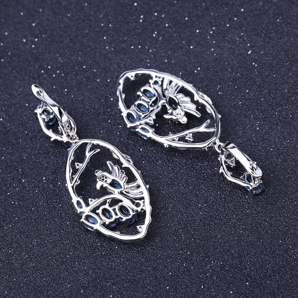 Natural Blue Topaz Two-Tone Bird 925 Sterling Silver Intricate Handmade Fashion Earrings.