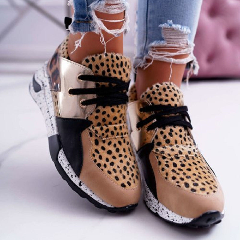 Trendy Leopard Print Flat Bottom High-Top Sneakers with Gold Accents