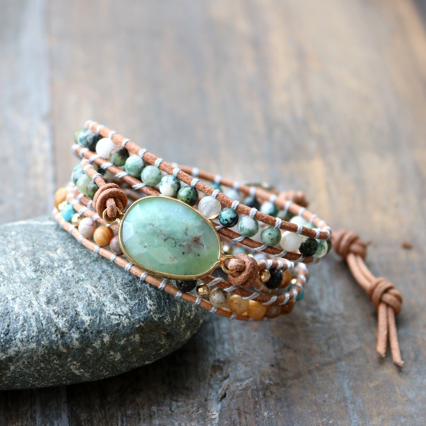 Three-Layer Handmade Natural Style Stone Beaded Bracelet with Adjustable Leather Cord.