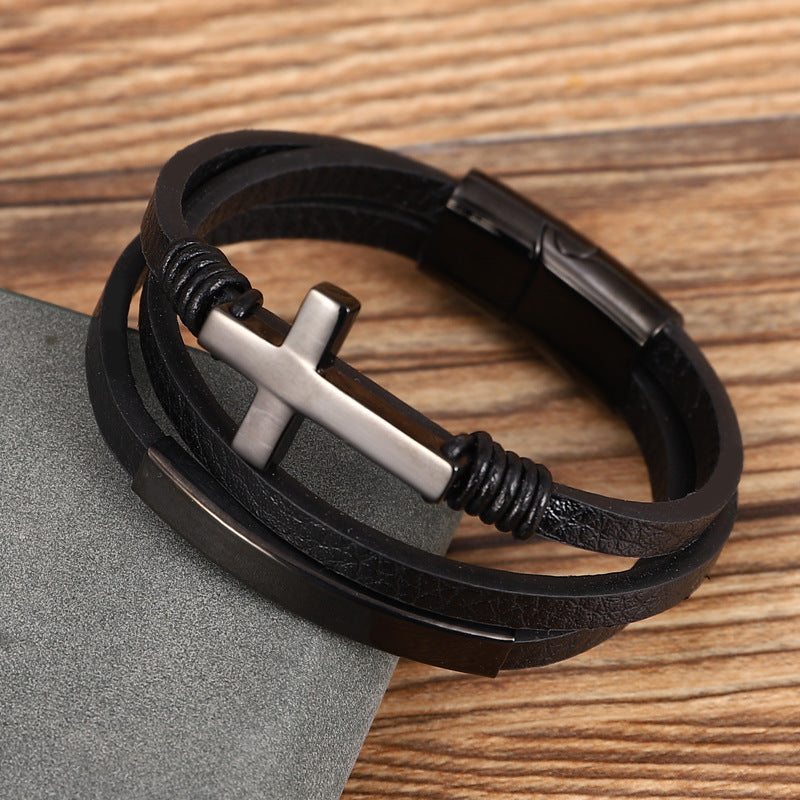 Cross Gold Multi-layer Woven Leather Single Loop Bracelet Band.
