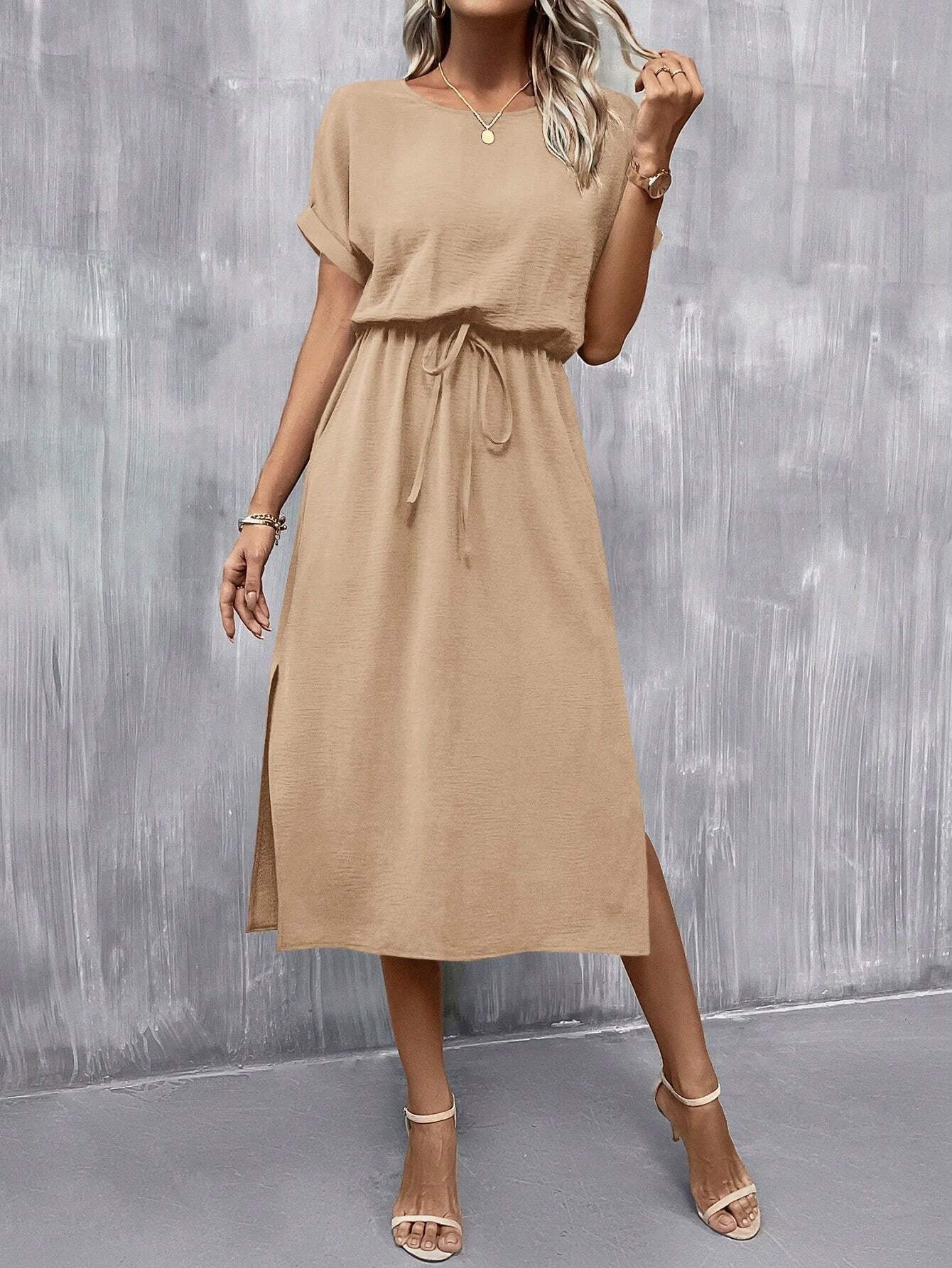 Casual High Waist Round Neck Batwing Sleeve Knot Front Split Dress