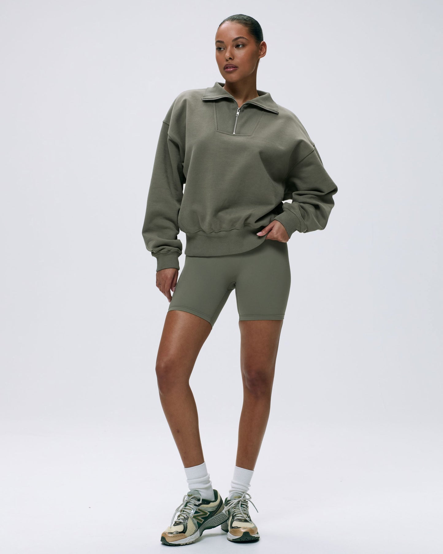 Relaxed Funnel Neck Zip Sweatshirt - Olive Green