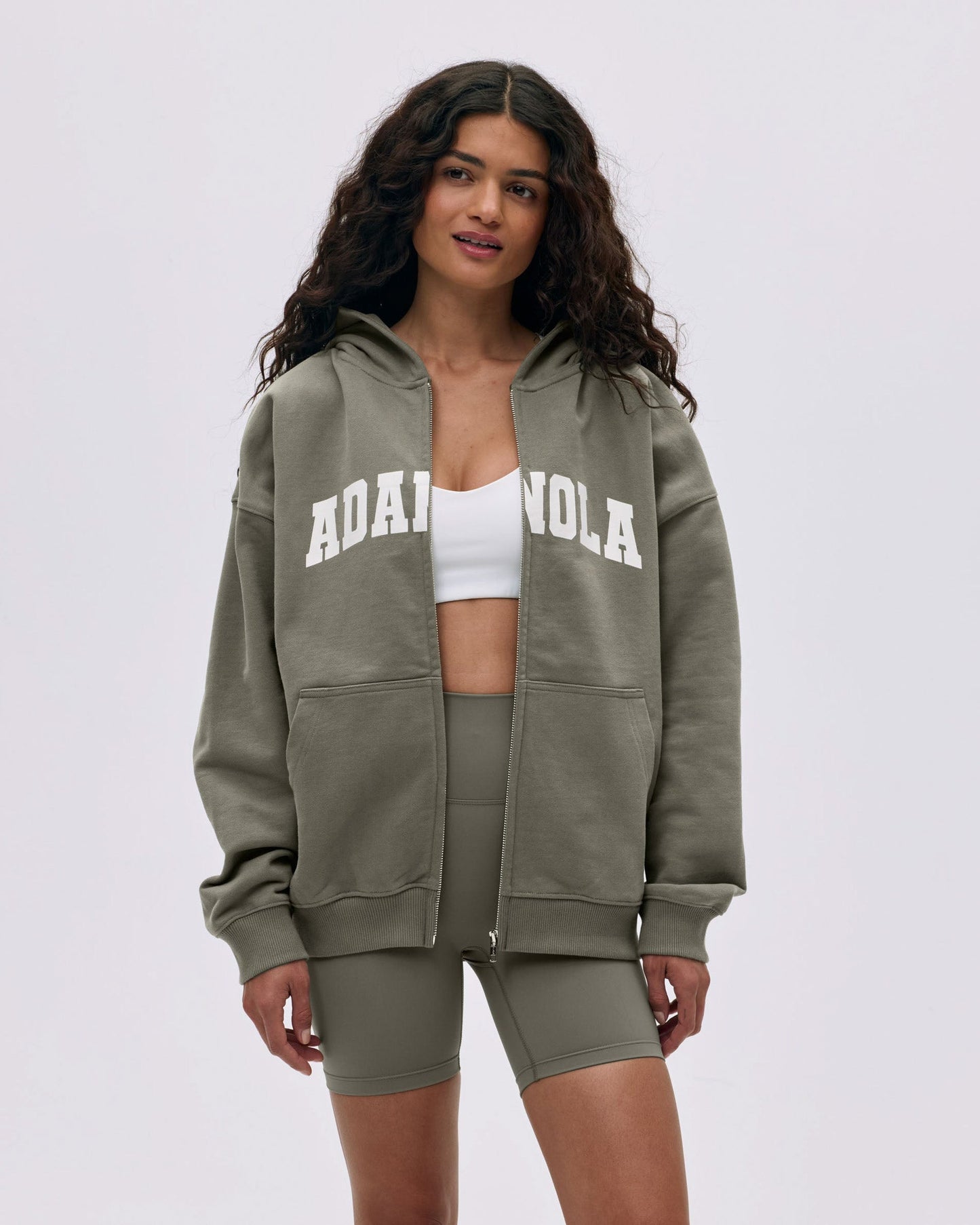 Varsity Oversized Full Zip Hoodie - Olive Green/Marshmallow White