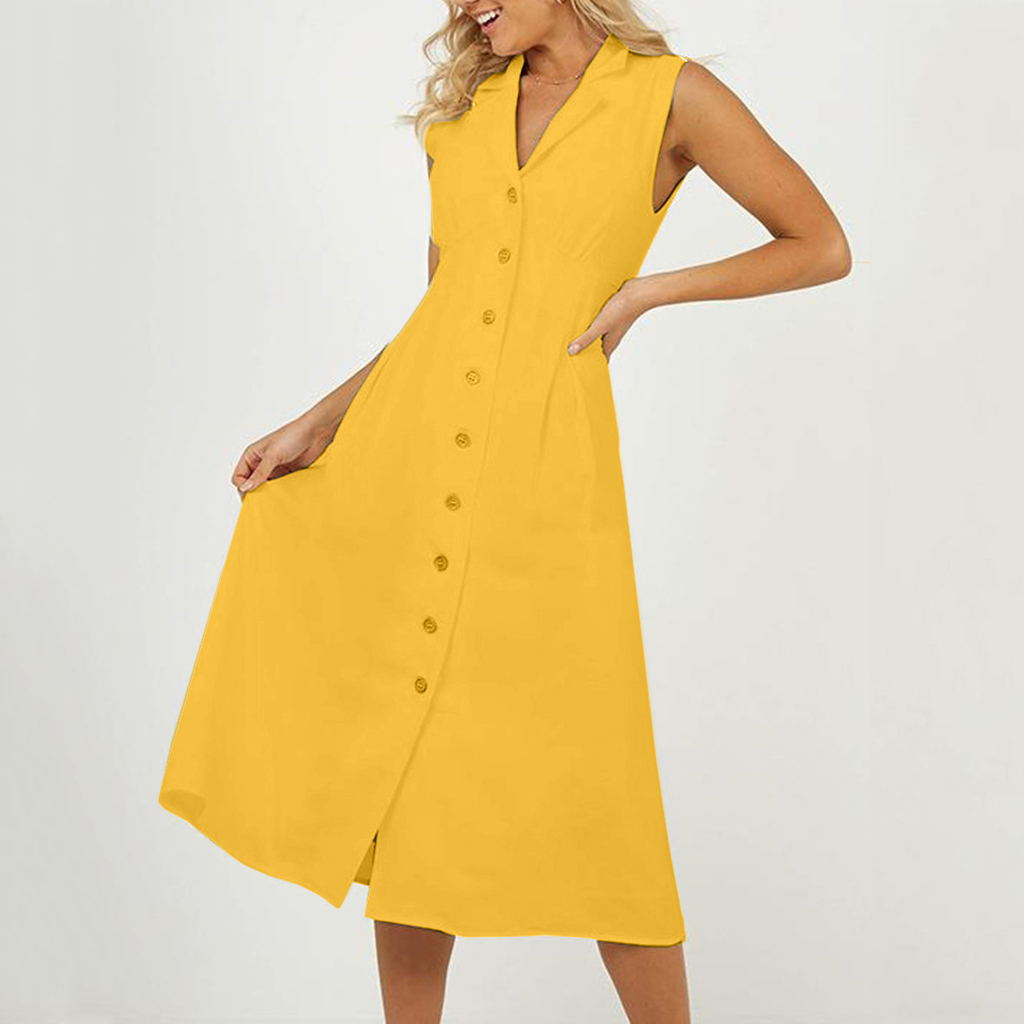 Gold Button Linen Casual Dress