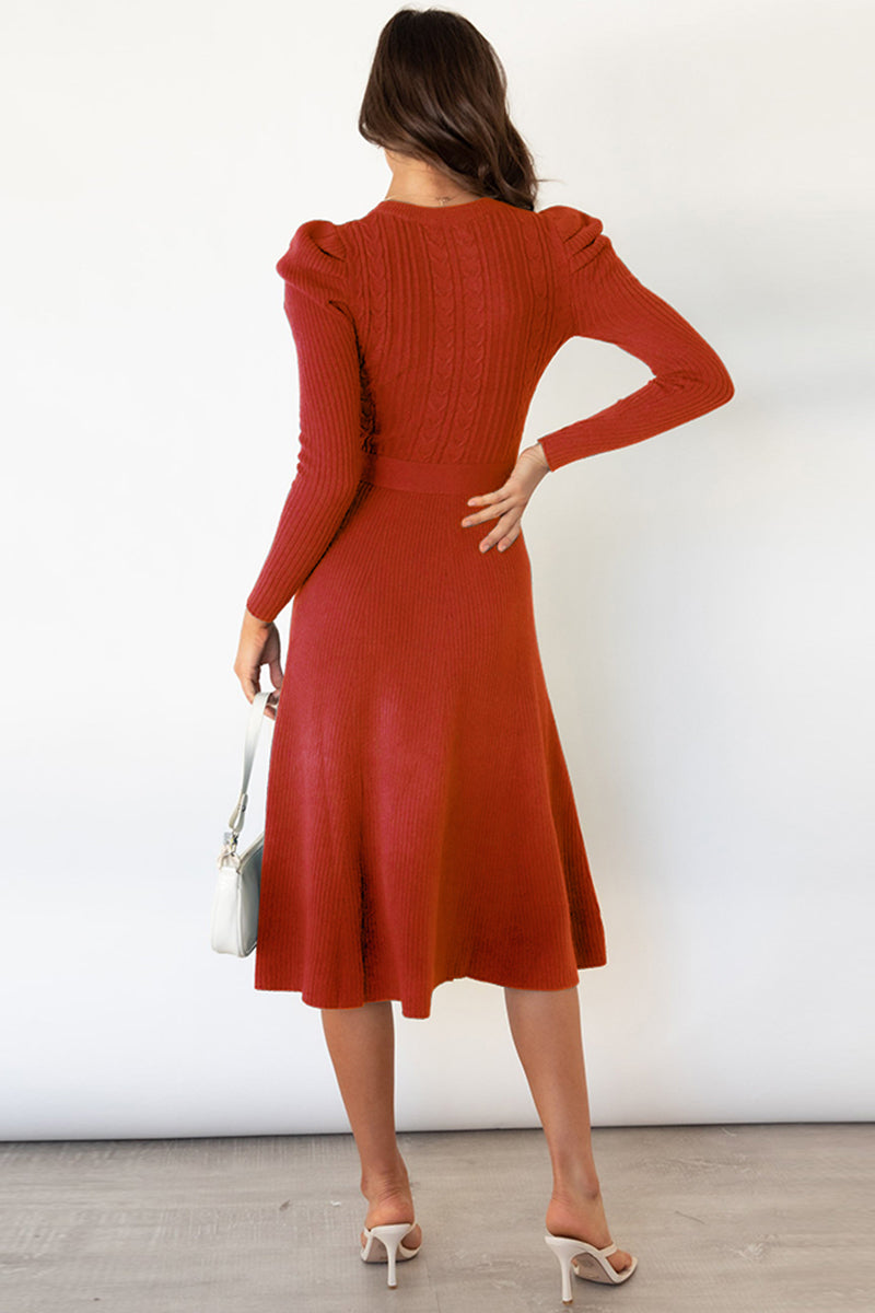 Round Neck Long Sleeve Tie Waist Midi Sweater Dress