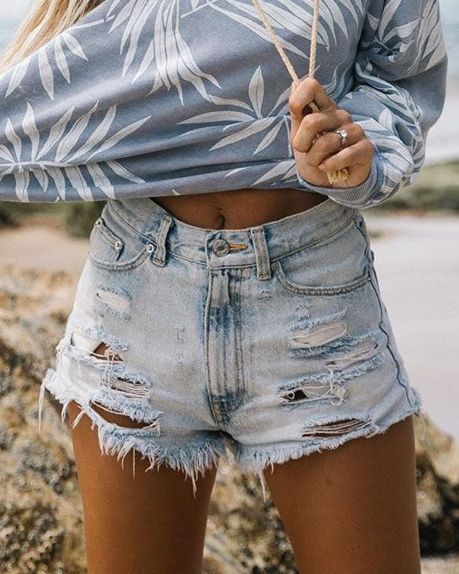 Boho Babe High Waist Ripped Tassel Denim Shorts
