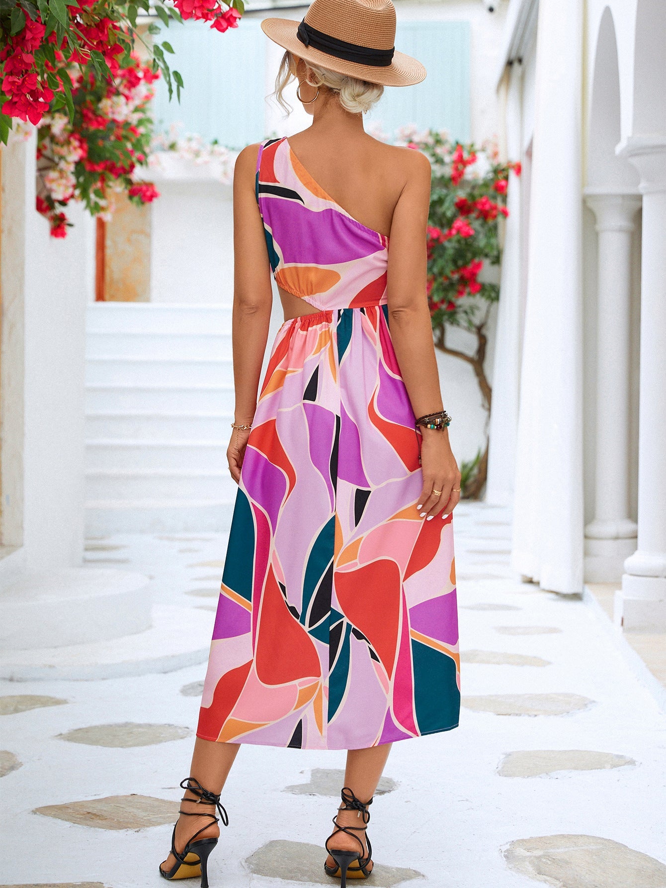 Vibrant Forest Cutout One-Shoulder Sleeveless Dress