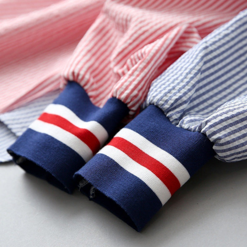 Blue Striped Loose Slim Fit Shirt with 3 Color V-Neck Design