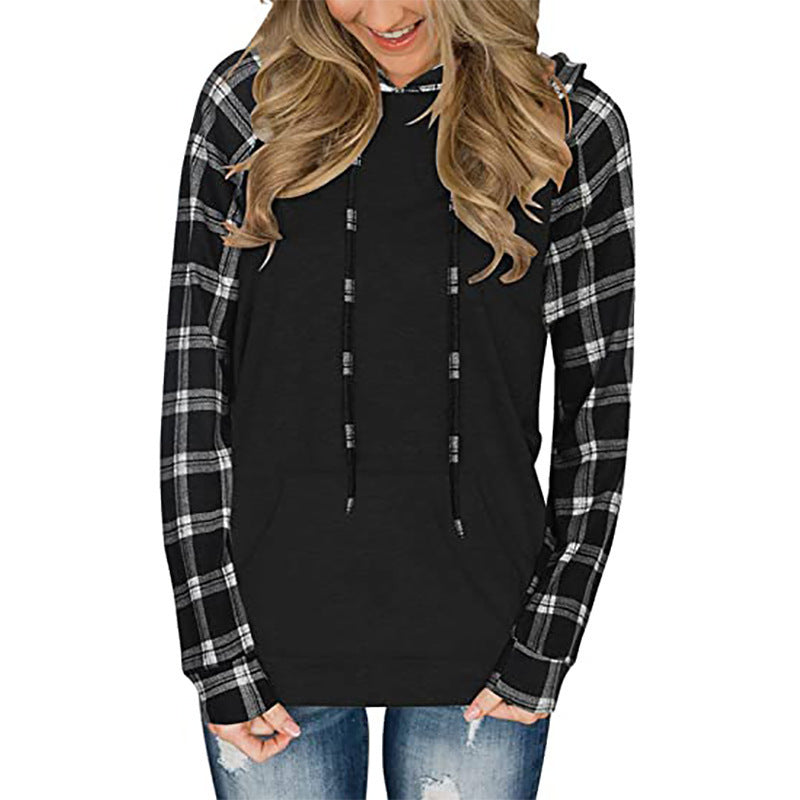 Plaid Hooded Long-sleeved Color Matching Hoodie Top