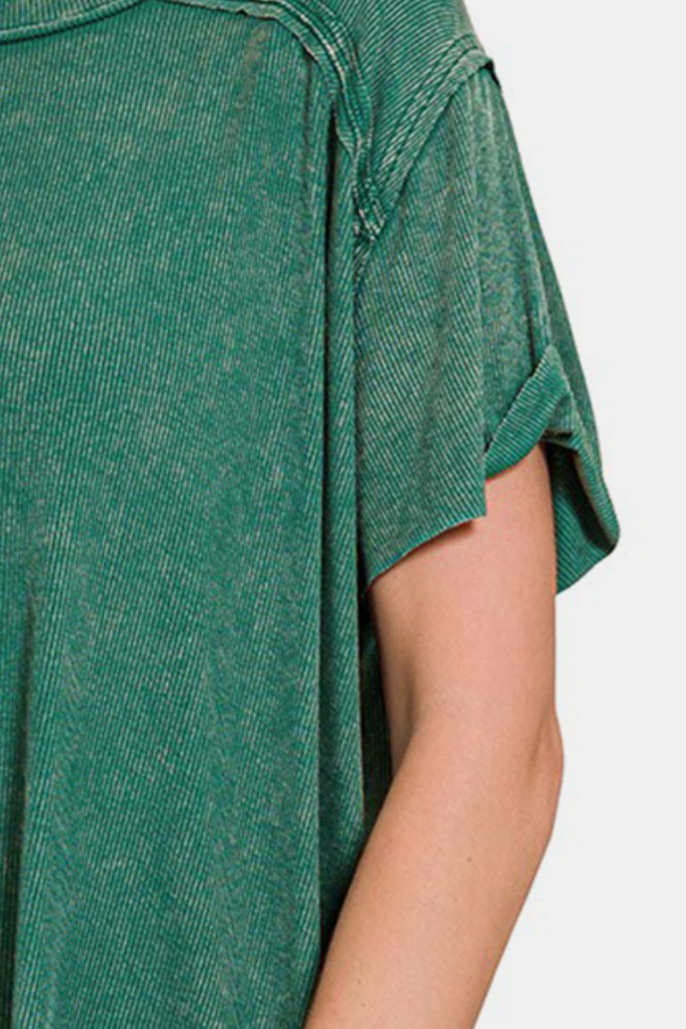 Green Washed Ribbed Top with Short Sleeve