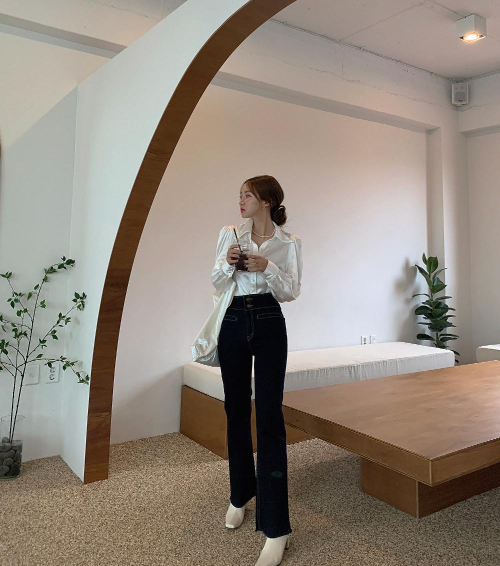 Puff Sleeve Lapel Satin All-match Shirt