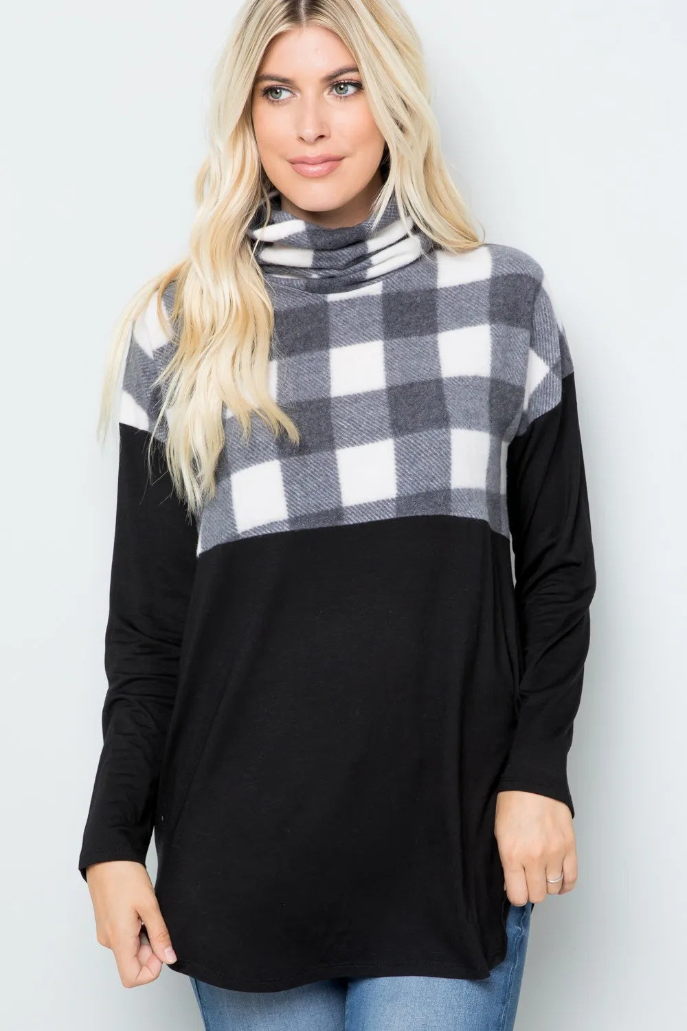 Black White Plaid Turtleneck Blouse with Pocketed & Long Sleeve
