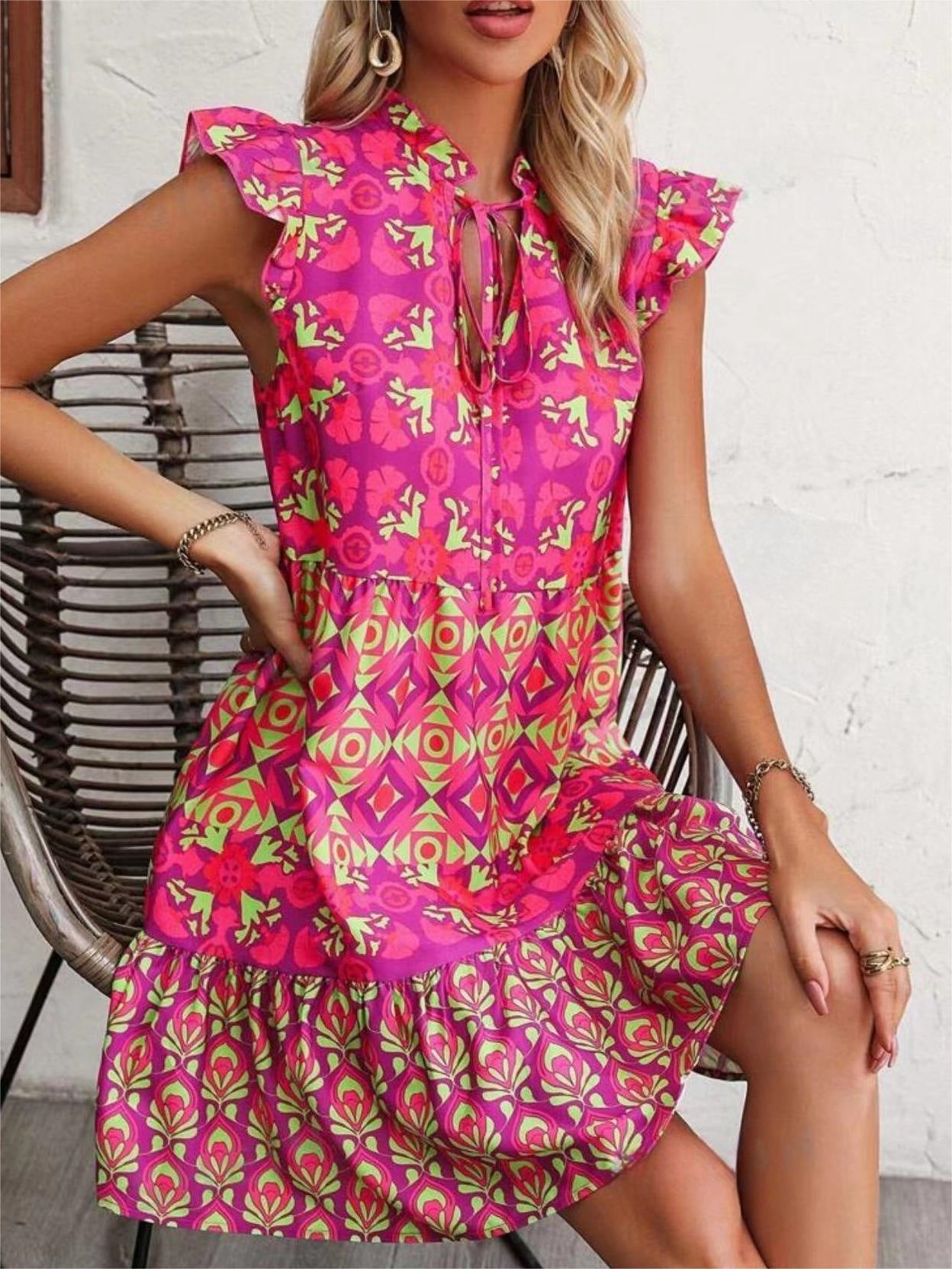 Hot Pink Summer Fashion Lace-up Straight Dresses with V-Neck & Ruffle Flying Sleeves