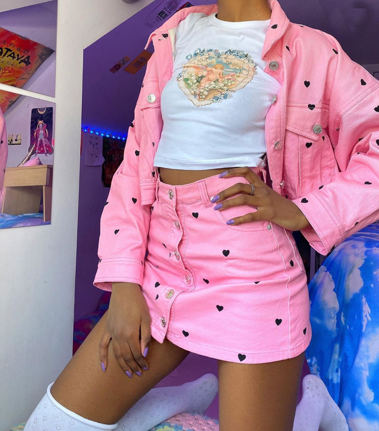 Lovely Looks Heart Print Button-Front Mini Skirt