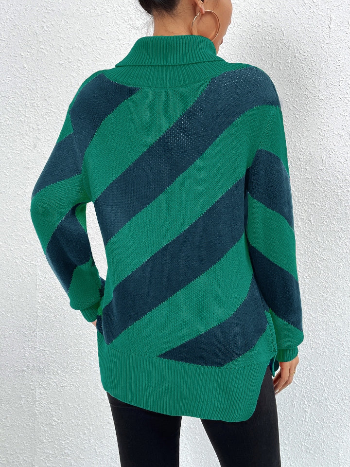 Vogue Striped Turtleneck Dropped Shoulder Sweater