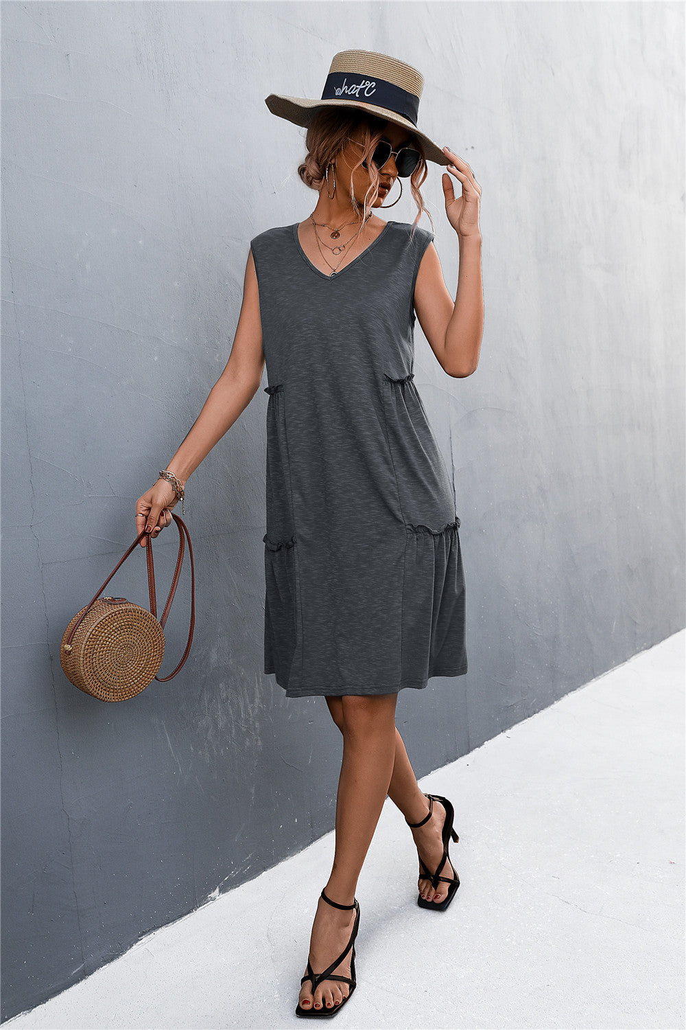 Casual Chic Style V-Neck Frill Trim Sleeveless Dress