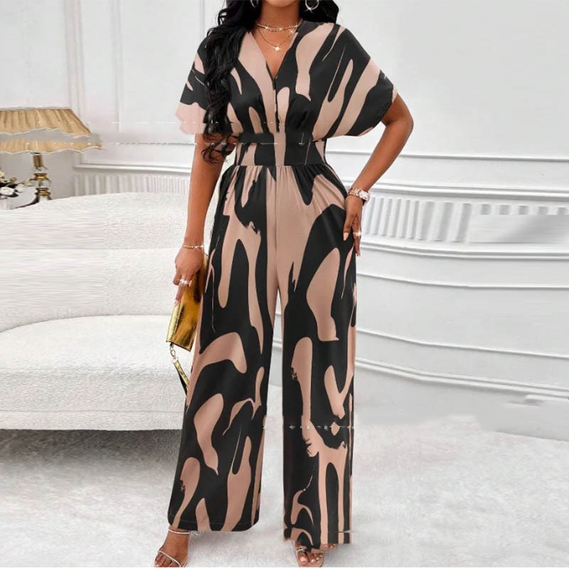 Bold Print V-neck Loose Printed Long Jumpsuit