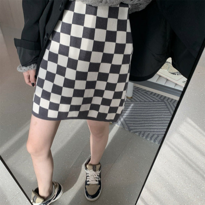 Checkerboard Knitted High Waist Skirt