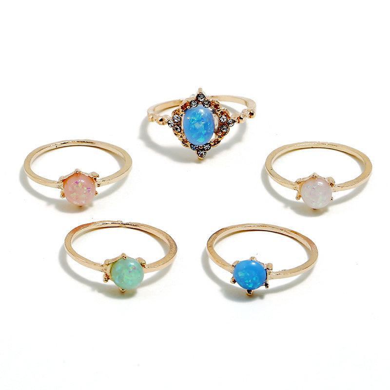 Opal Candy Color Gold Ring Set - 5 Ring Set - Adjustable.