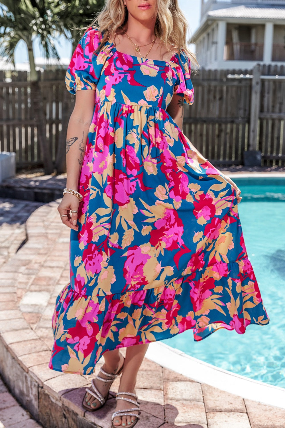 Garden Girl Midi Dress with Square Neck & Short Sleeve