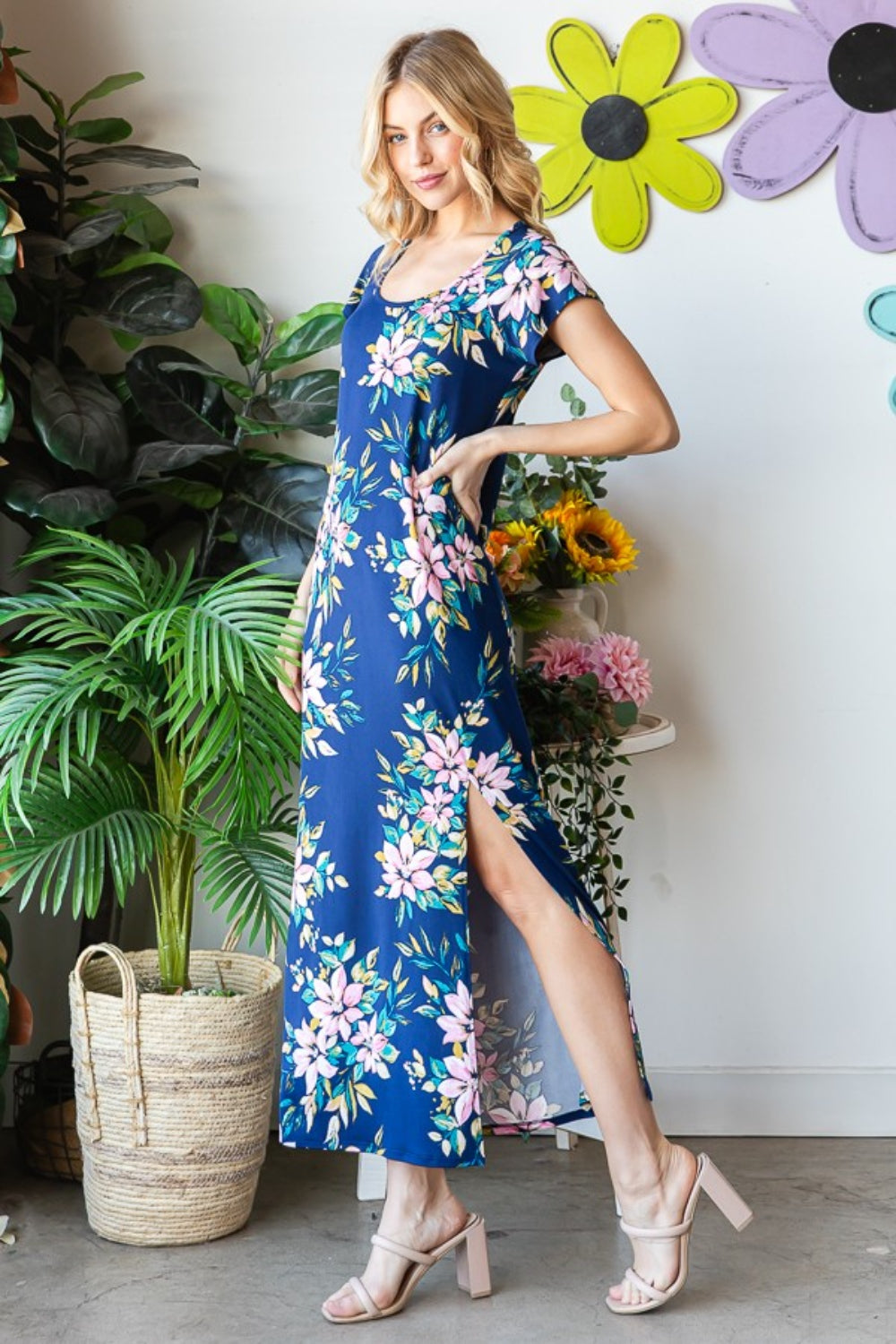 Floral Blue Maxi Dress Short Sleeve