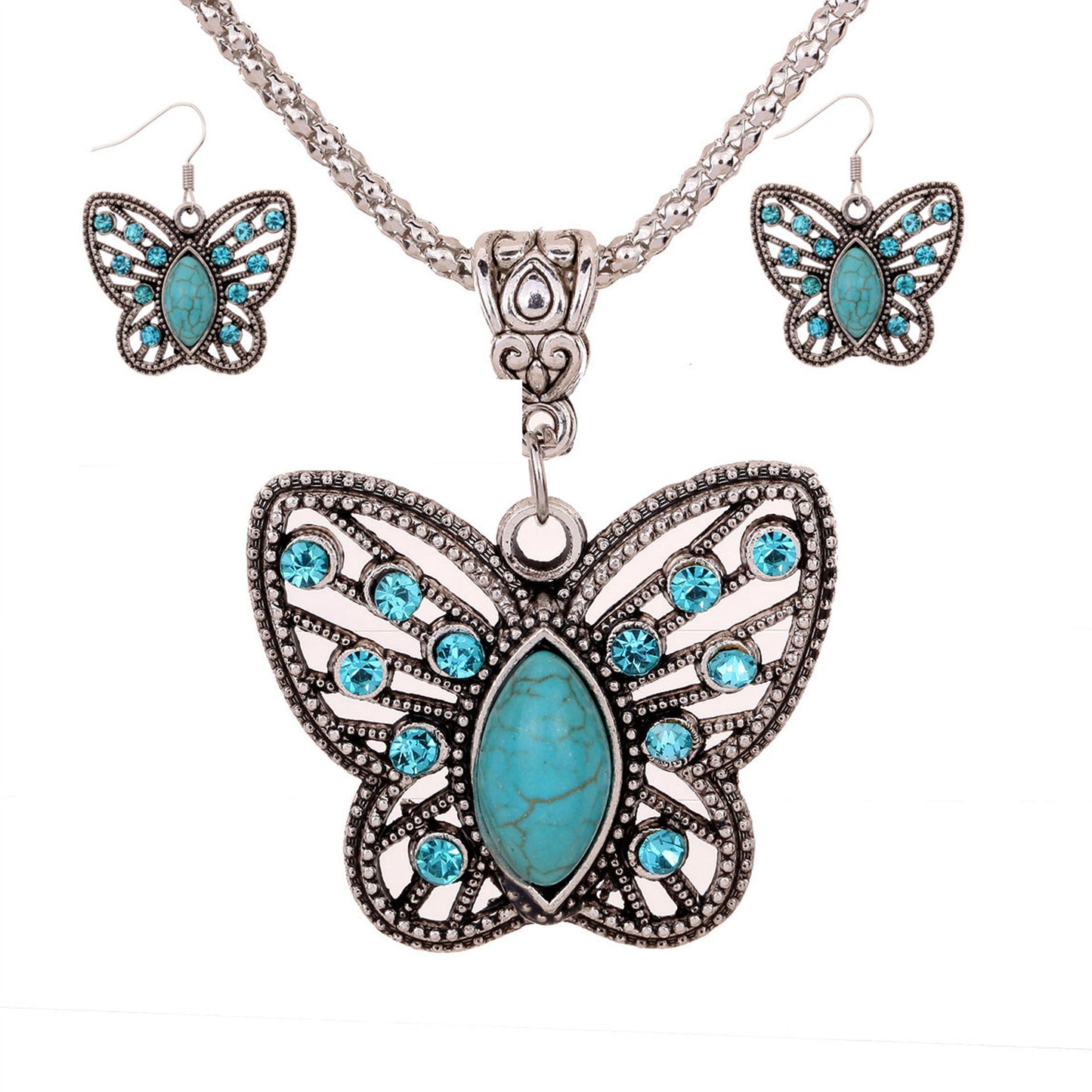 Boho Turquois Crystal Butterfly Necklace and Earrings Set