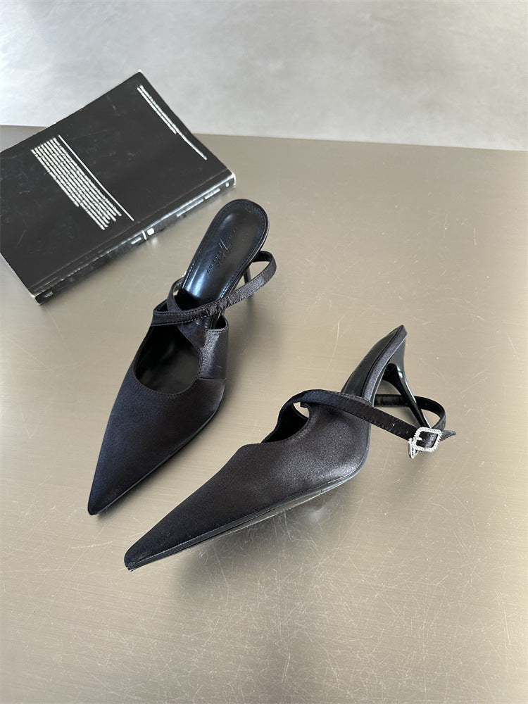 Satin Pointed Toe Adjustable Ankle Cross Strap High Heels