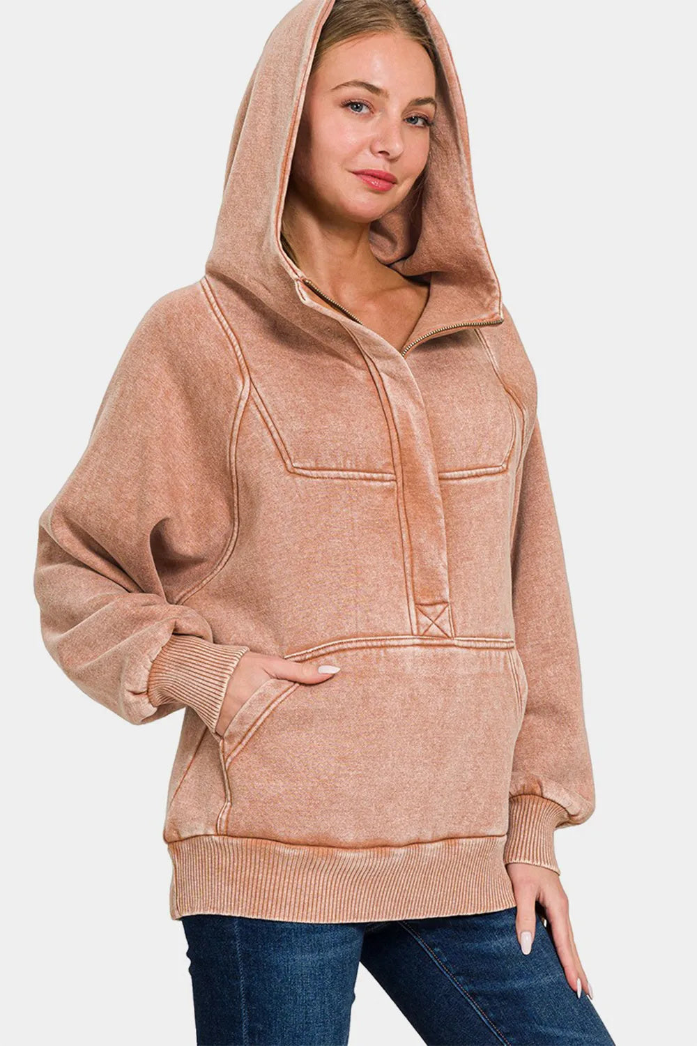 Mocha Carmel Acid Wash Fleece Kangaroo Hoodie