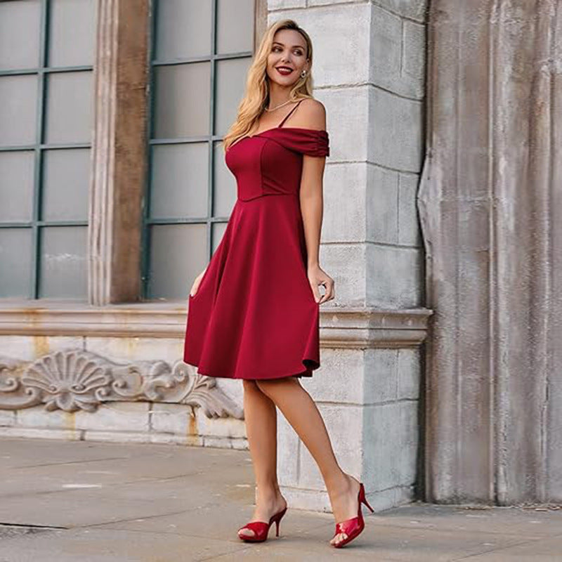 Retro Spaghetti Straps Off-shoulder Waist Dress