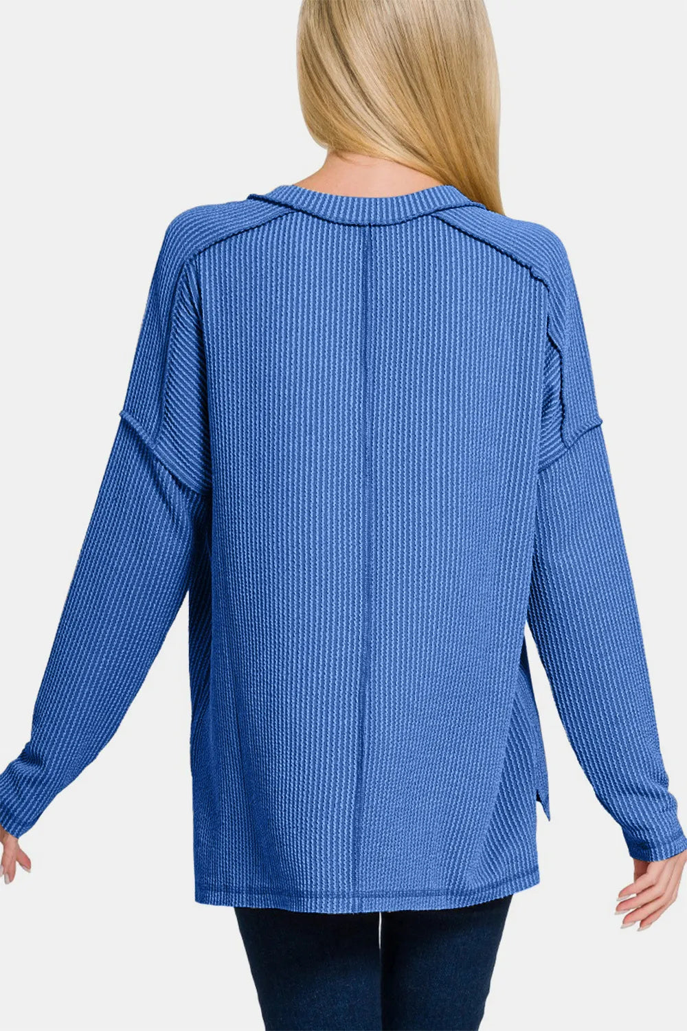 Blue V-Neck Texture Exposed Seam Top with Long Sleeve