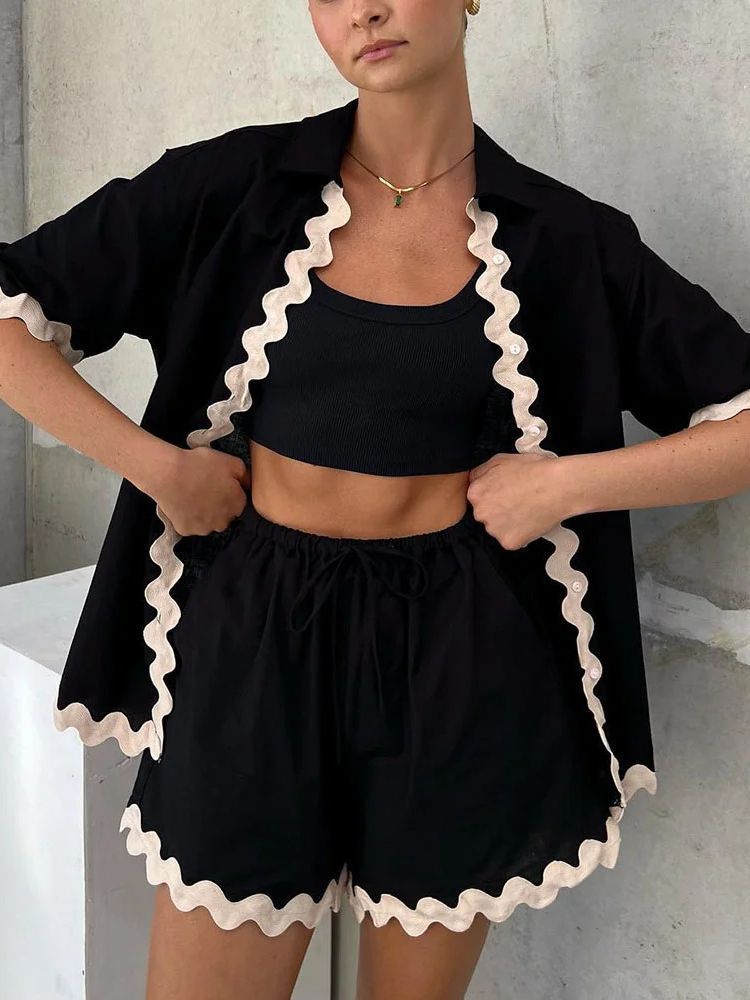 Summer Retro Short Sleeve Cardigan with Shorts