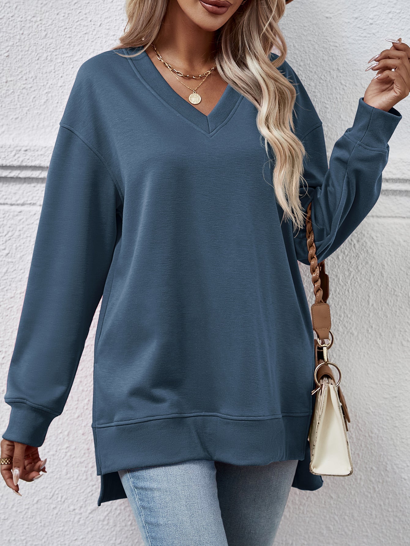 Causal Style V-neck Split Front Short Back Long Sweater