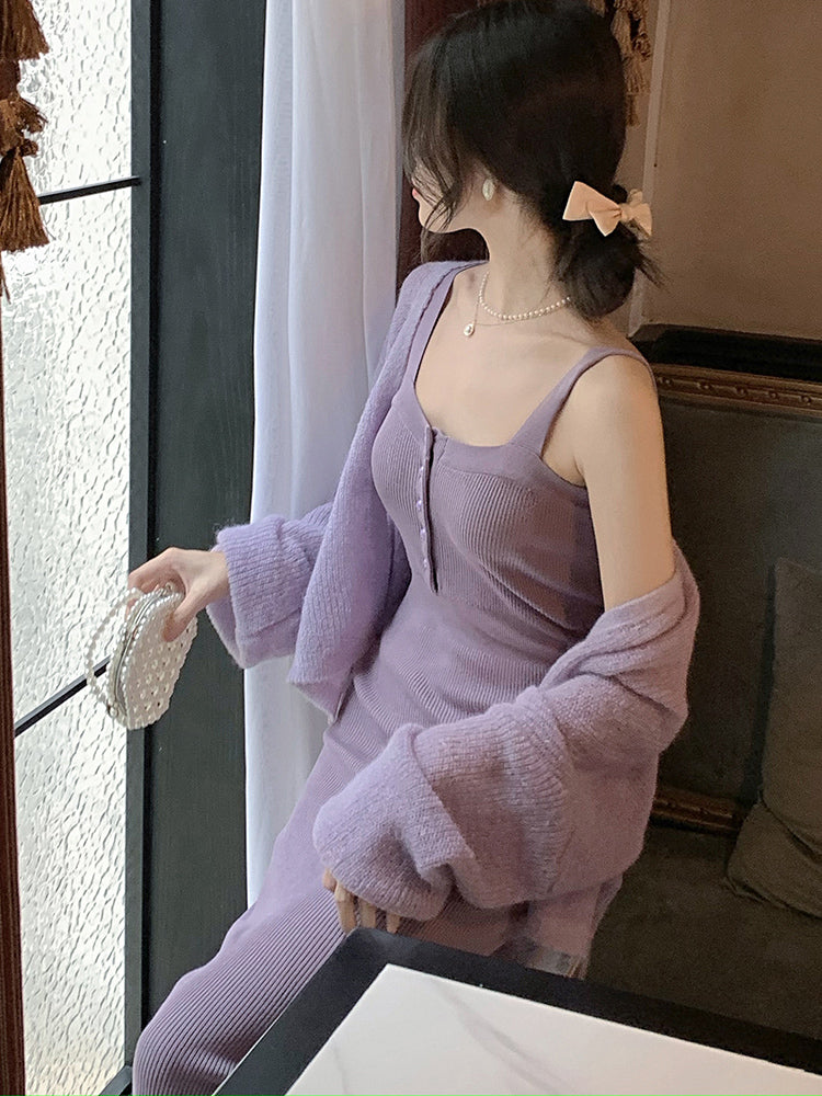 Purple Haze Hip Wrapped Violet Knitted Two-piece Suit