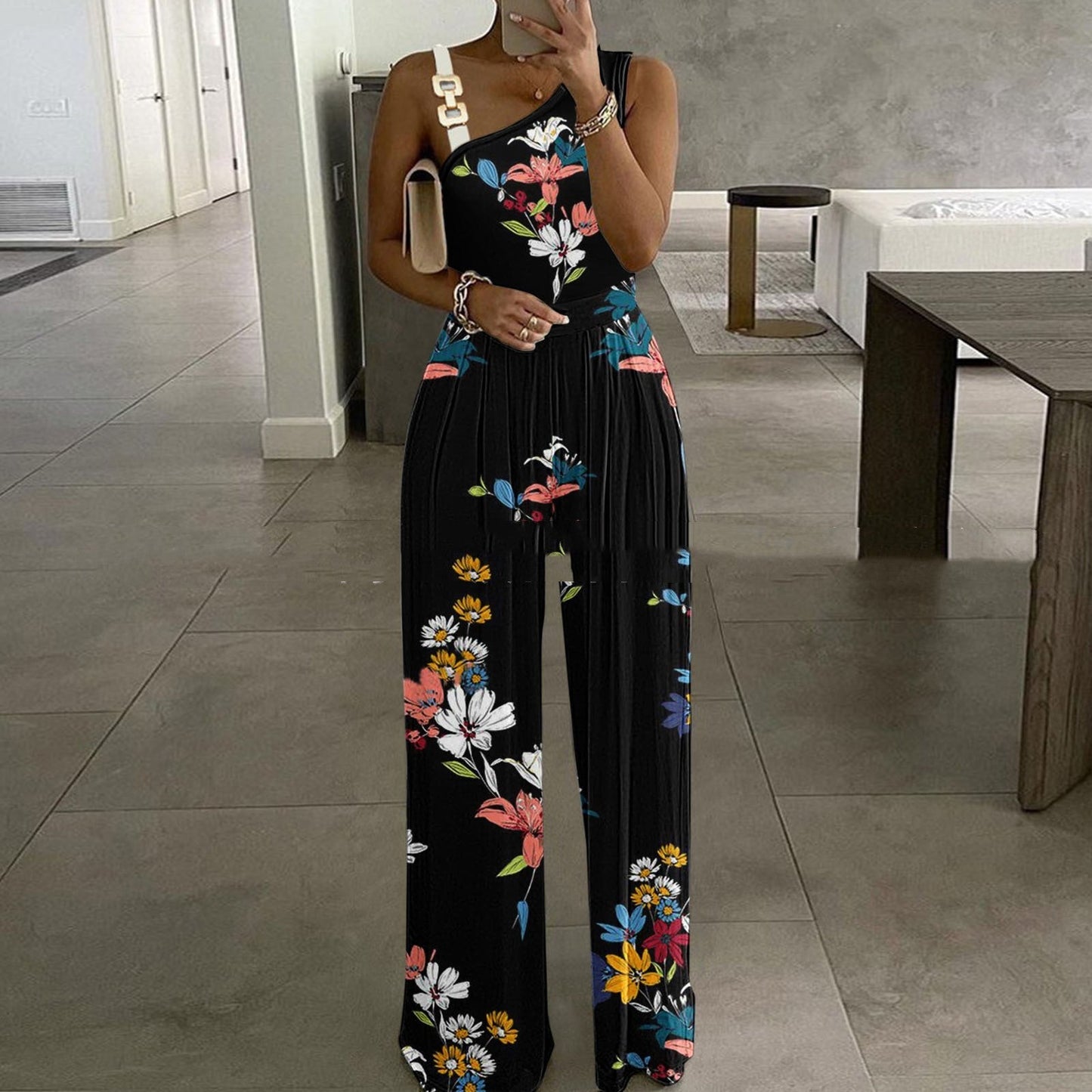 Gold Metal Buckle Vest Top High Waist Wide Leg Jumpsuit