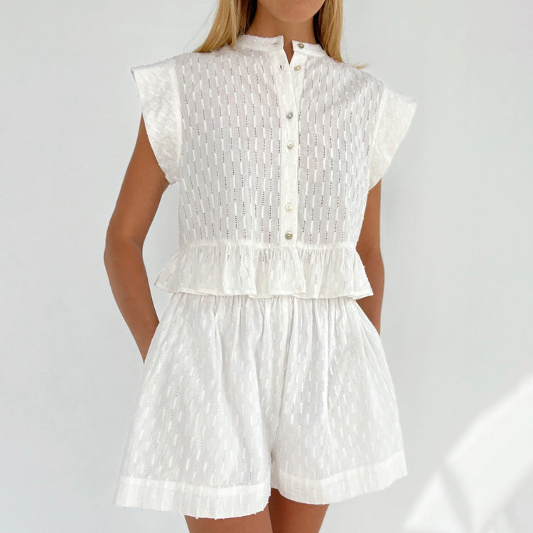 Jacquard Short Sleeve Shirt Simple Shorts 2-Piece Set