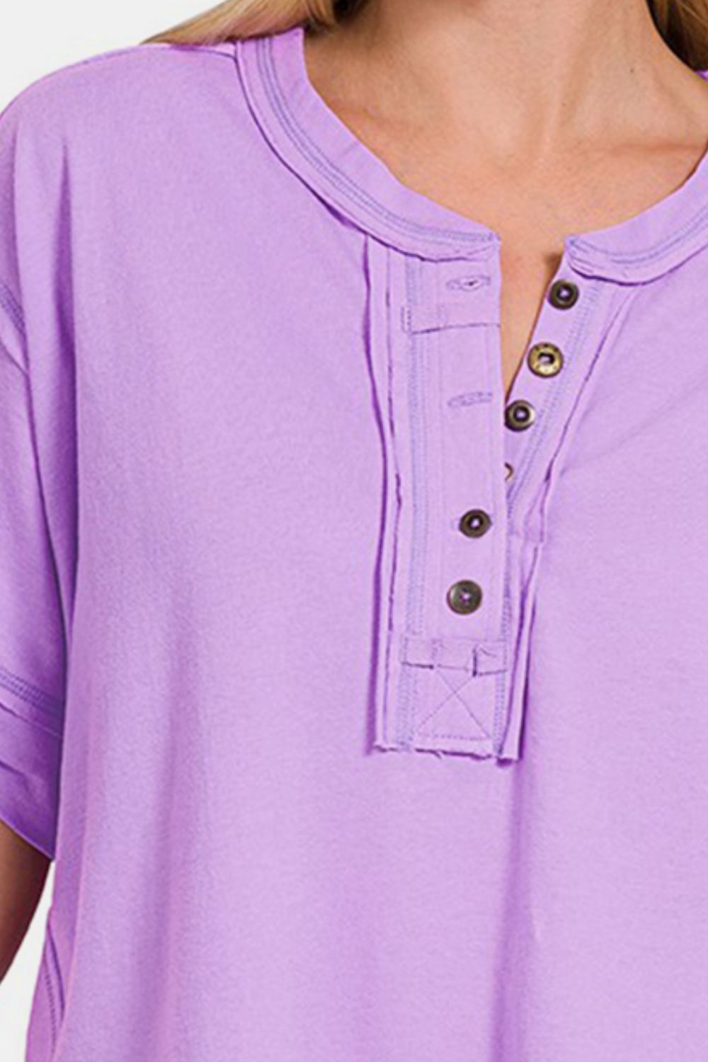Light Lavender Top with Exposed Seam Half Button & Short Sleeve Top