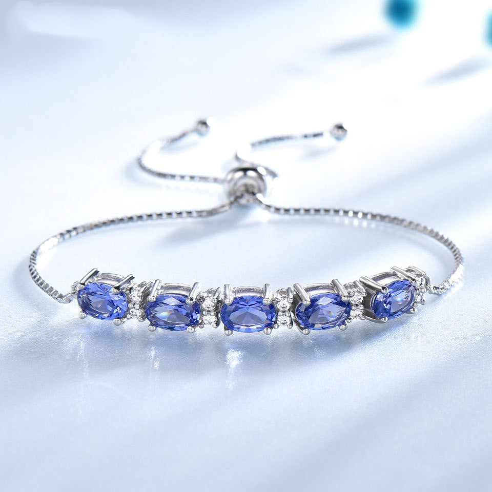 Deep Blue Topaz 925 Sterling Silver Adjustable Box Chain Link Bracelet.