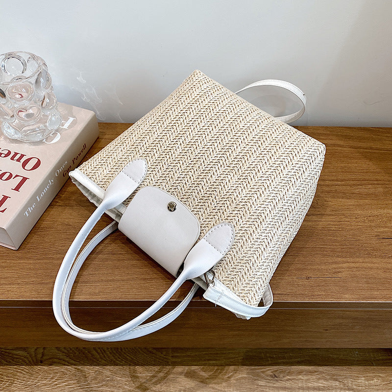 Large Capacity Straw Tote Bag with Shoulder Strap.