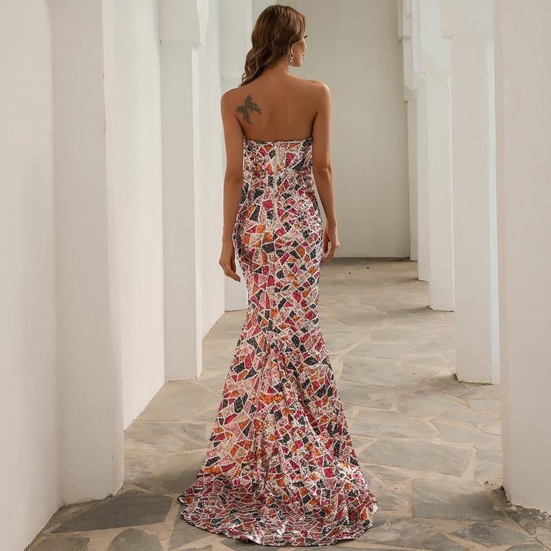 Be Fabulous Multi Color Sequin V Neck Off Shoulder Maxi Dress