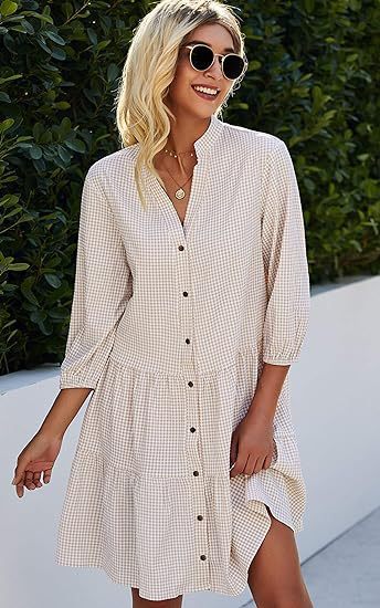 Love Ruffle Shirt Style V-neck Dress with 3/4 Sleeve